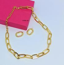 Kit Colar e Brincos Corrente Elo Grosso Retangular Folheado