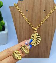 Kit Colar e Brincos Corrente Elo Português com Pingente Folha Costela de Adão Folheado Ouro Brinco Antialérgico moda