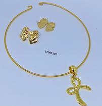 Kit Colar e Brincos Feminino Choker Aro Rígido com Pingente Laço Delicado Folheado Ouro Conjunto Par de Brinco