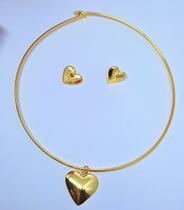 Kit Colar e Brincos Feminino Choker aro Rigido Liso com Pingente Orgânco estrela Folha Adão Folheado Ouro 2025 Tendência