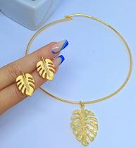 Kit Colar e Brincos Feminino Choker aro Rigido Liso com Pingente Orgânco estrela Folha Adão Folheado Ouro 2025 Tendência