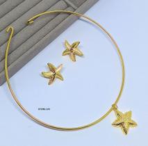 Kit Colar e Brincos Feminino Choker Elo Aro Fio Rígido com Pingente Estrela do Mar Pequeno Folheado Ouro Dourado Luxo