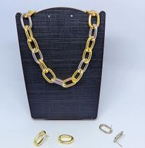 Kit Colar e Brincos Feminino Corrente Elos grosso Mix Misturados Dois Banhos Dourado com Prata Folheado Ouro Luxo
