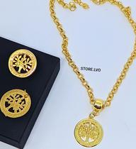 Kit Colar e Brincos Feminino Corrente Grossa Elos Português Folheado Ouro Dourado com Pingente Árvore da Vida Tendência