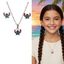 Kit Colar e Brincos Infantil com Pingente Labubu Stitch Folheado Ouro Dourado Conjunto Par de Brinco Antialérgico
