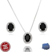 Kit Colar E Brincos Pedra Oval Preto Com Zircônias Prata Kit Colar E Brincos Pedra Oval Preto Com Zircônias Prata