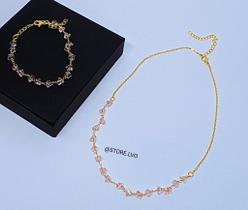 Kit Colar e Pulseira Feminino com Elos Pedras Cristais Zircônias Folheado Ouro Rose Cristal Branco Choker Presente