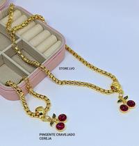 Kit Colar e Pulseira Feminino Corrente elos Veneziana Folheado com Pingente Cereja Gargantilha Malha Grossa Tendência