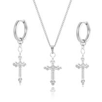 kit Colar Feminino Brinco Argola não escurece em aço inox prata mini cruz crucifixo gargantilha