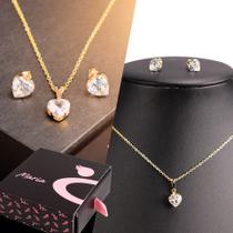 Kit Colar feminino Coracao dourada + brinco Coracao zicronia + caixa porta joia KCBZT