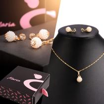 Kit Colar feminino Perola dourada + brinco zicronia + caixa KCBPL Kit Colar feminino Perola dourada + brinco zicronia + caixa KCBPL