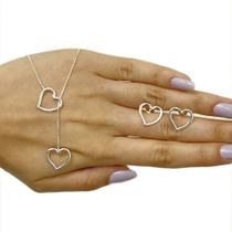 Kit Colar Gravatinha E Brinco Coração Folheado Prata 925