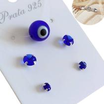 Kit Colar Nylon Olho Grego + Brincos Ponto De Luz Azul Royal Prata 925