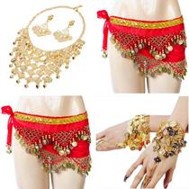 Kit Colar, Par de Brincos, Pulseira e Lenço de Quadril Dança do Ventre/Cigana/Indiana - KIT28
