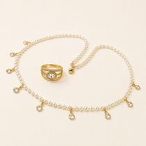 Kit colar pérolas 9 pontos de luz e anel banhado ouro 18k