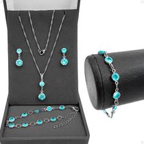 Kit Colar Preto Strass Azul Light Blue Brilhante Feminino + Par Brincos Brilho Azul + Pulseira Ajustável Original Social Dia Dia