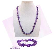 Kit Colar Pulseira Cascalho Pedra Ametista - Espiritualidade