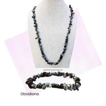 Kit Colar + Pulseira Pedra Obsidiana Flocos De Neve