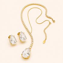 Kit colar riviera e brinco cristal banhado ouro 18k