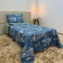 Kit Colcha 2 Peças Cobre Leito Infantil Dupla Face Solteiro Cama Box Estampado Matelado Boutis Percal