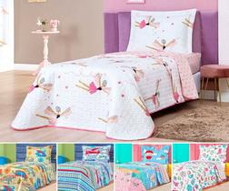 Kit Colcha cama box solteiro infantil cobre leito dupla face cores matelado desenhos bailarina