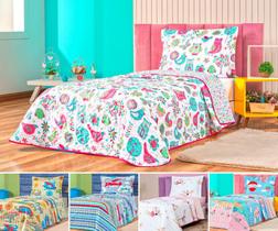 Kit Colcha cama box solteiro infantil cobre leito dupla face cores matelado desenhos coruja