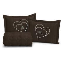 Kit Colcha Cama Te amo Casal 3 peças Box Bordado toque macio