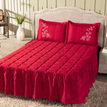 Kit Colcha Cobre Leito 3 pçs Bordada Ramo Flores p/ Cama Box Padrão