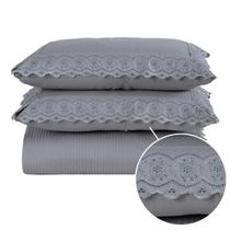 Kit Colcha Cobre Leito cama Casal 3 peças percal 300 Fios com Bordado ingles cinza rosa caqui