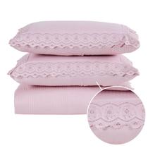 Kit Colcha Cobre Leito cama Casal 3 peças percal 300 Fios com Bordado ingles cinza rosa caqui