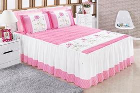 Kit Colcha Cobre Leito Cama Queen 3 Peças Bordado Rosa