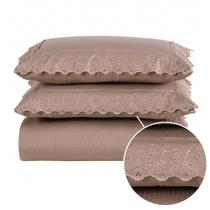 Kit Colcha Cobre Leito cama Queen super 3 peças percal 300 Fios com Bordado Ingles rosa cinza caqui