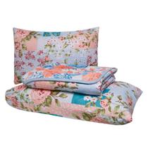 Kit Colcha Cobre Leito Casal 3 Peças Matelado Dupla Face Patchwork Azul