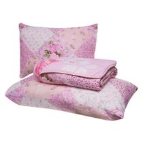 Kit Colcha Cobre Leito Casal 3 Peças Matelado Dupla Face Patchwork Rosa