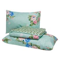 Kit Colcha Cobre Leito Casal 3 Peças Matelado Dupla Face Patchwork Verde