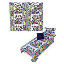 Kit Colcha Cobre Leito + Cortina Infantil Solteiro 4p Menino Menina Personagens