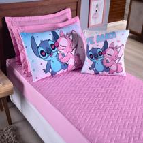 Kit Colcha Cobre Leito Edredom Solteiro 5 Pçs Matelado Quarto Menina Stich Rosa