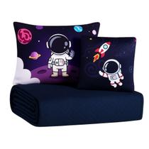 Kit Colcha Cobre Leito Jogo Cama Infantil Solteiro 5 Pçs Matelado Macio Sleep Astronauta Menino Marinho