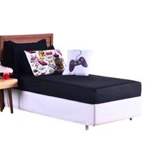 Kit Colcha Cobre Leito Jogo Cama Solteiro 5 Pçs Matelado Sleep Quarto Menino Gamer Preto Macio