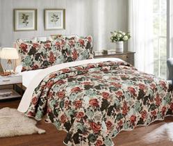 Kit Colcha Cobre Leito Queen 3 Peças Dupla Face Estampa Floral C/ Porta Travesseiro