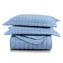 Kit Colcha Cobre Leito Scarpa Plissê Queen Seersucker 3 Peças Maciez E Leveza Textura Azul Mineral