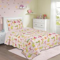 Kit Colcha Cobre Leito Solteiro Infantil Menino e Menina Bordada Dupla Face com Porta Travesseiro com Abas Estampada Personagens e Lisa