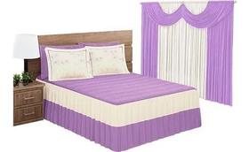 Kit Colcha Com Cortina Cama Queen Bordada Lilás