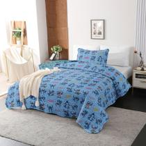 Kit Colcha Dupla Face Solteiro Stitch Azul 2 Peças Jolitex