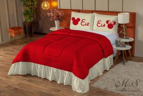 Kit colcha ele e ela casal queen dupla face palha vermelho com babado