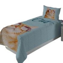 Kit Colcha + Fronha Estampa 3D Lepper Solteiro 160x240cm Pet Gato Cachorro Cama Decoração
