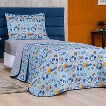 Kit Colcha Game Solteiro Tecido Microfibra Dupla Face Quarto Infantil - Azul