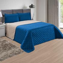 Kit Colcha Queen Dupla Face 3 Peças Matelada Bege e Azul