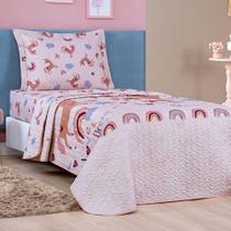 Kit Colcha Unicórnio Solteiro Tecido Microfibra Dupla Face Quarto Infantil - Rosa