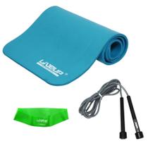 Kit Colchonete 1,80m Azul + Corda de Pular + Mini Band Tensao Media Liveup Sports